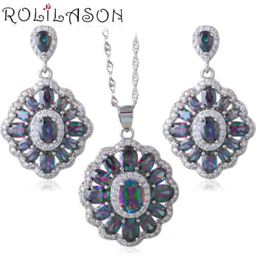 ROLILASN Raingow MysticZircon Silver Stamped crystal Necklace Earrings Jewelry Sets for women JS661