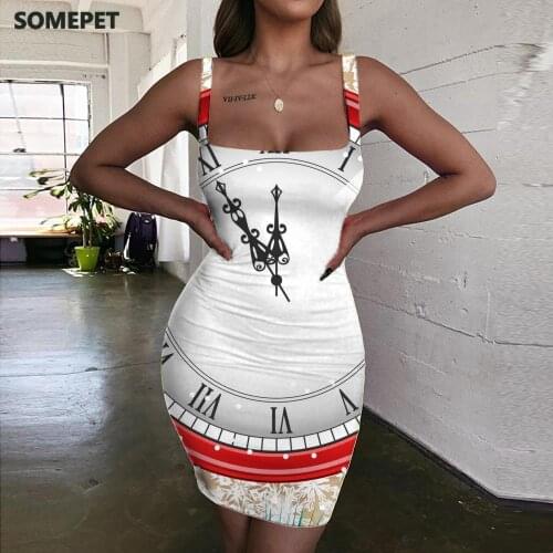 SOMEPET Christmas Dresses Women Clock Vestido Sexy Snowflake Bodycon Dress New Year Sundress Womens Clothing Summer Beach Beach