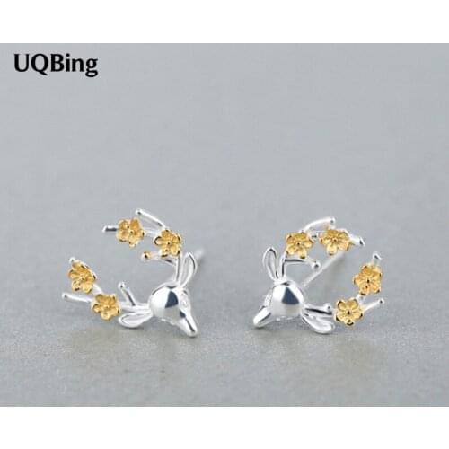 100% 925 Sterling Silver Jewelry Antlers With Golden Plum Stud Earrings Pure 925 Silver Earrings Brincos Pendientes de plata