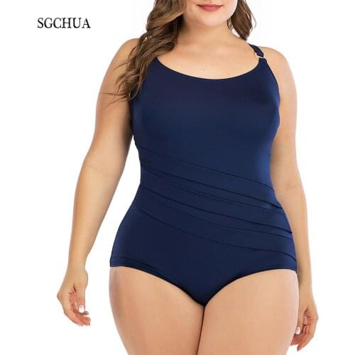 SGCHUA 2020 New Big Size 6XL One Piece Swimwear Women Plus Large Solid Blue Swimsuit Shape Backless Beach Pleated Bathing Suit