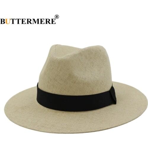 BUTTERMERE Panama Hat Summer Sun Hats for Women Man Beach Straw Hat for Men UV Protection Cap Beige Sunhat Chapeau Sombrero