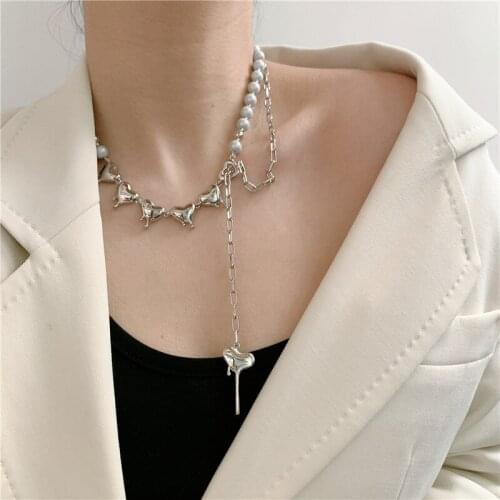 TIMEONLY Unique Design Splicing Imitation Pearl Love Heary Chain Choker Neckalce Hollow Metal Tassel Charms Neckalces for Womem