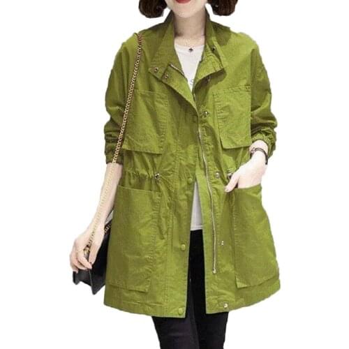 Spring Autumn New Womens Trench Coat Korean Oversized Loose Trench Outerwear Mid-Length Pocket Green Casual Coat Female W575