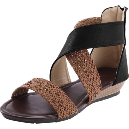 WDHKUN Fashion New Fish Mouth Leather Canvas Women Weave Wedge Heel Shoes Zipper Sandals Casual Beach Sandals Roman Shoes