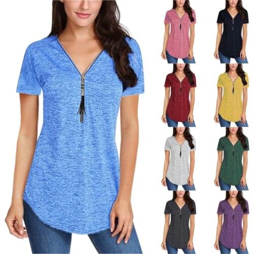 Zippers V-Neck Loose Casual Ladies Long T-Shirt Solid Color 2021 Short-sleeved Top Retro V-neck Tassel Zipper Womens T-shirts