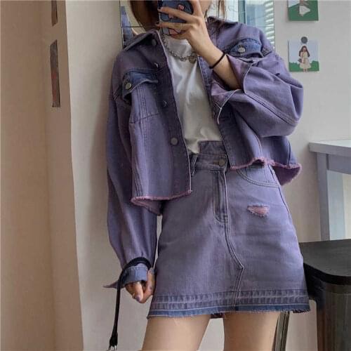 Wenfly Women New Denim Loose Jacket Outerwear High Waist Denim Mini Skirt Korean Streetwear Purple Harajuku Two Piece Set