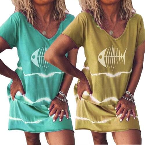 Women Summer Casual V Neck Short Sleeve Fish Bone Print Beach Loose Mini Dress Fashion Ladies T-Shirt Dress Female Clothing