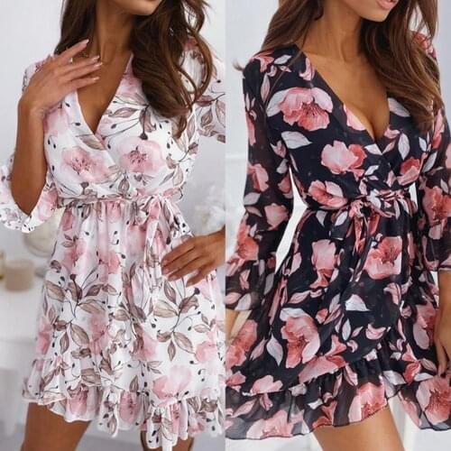 Women Flower Print Dress V Neck Casual Three Quarter Sleeve Ruffles Split Dress Elegant Female A Line Party Ladies Vestidos 2021