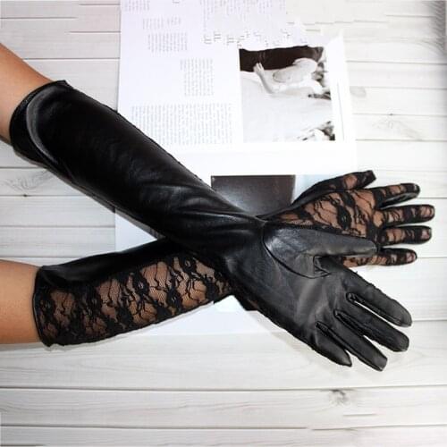 Leather Sheepskin Long Gloves Womens Thin Single Layer Unlined Fashion Lace Black Elastic Sun Protection Sleeves