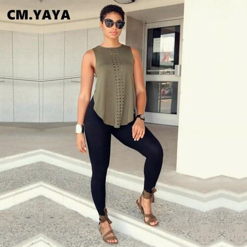 CM.YAYA Women Yoga Set Solid Hole Sleeveless Loose Tops Sheath Elastic Full Length Pants 2 Piece Set Summer Fitness Sportswear
