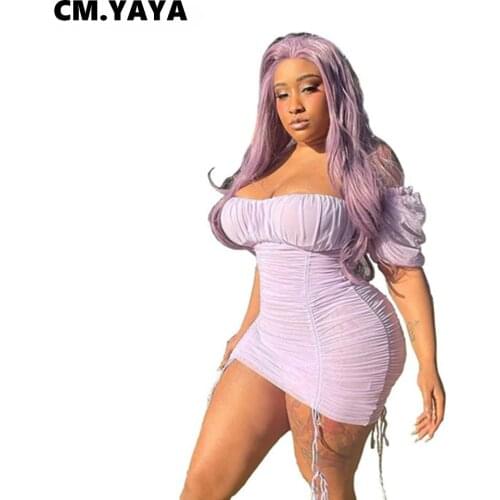 CM.YAYA Women Plus Size Dress Solid Off Shoulder Short Sleeve Slash Neck Stacked Mini Dresses Fashion Streetwear Summer Outfits