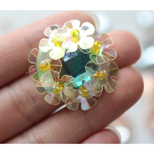 10 pcs yellow translucent small flower bag/hair-clip/dress garment beaded applique patches for clothes parches para la ropa