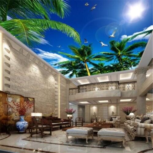 Beibehang customize Large Ceiling 3D Wallpaper Coconut Blue Sky White Cloud Seagull Ceiling Zenith Mural wall paper home decor