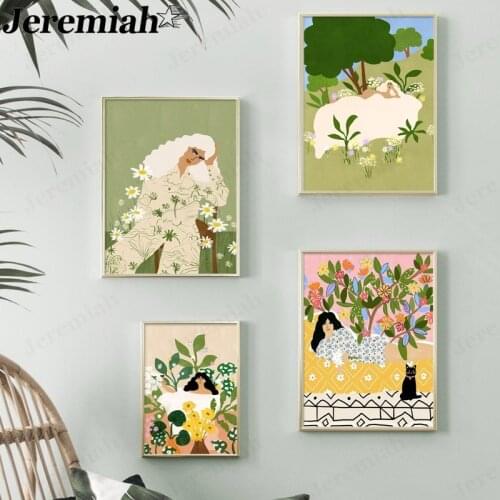 Abstract Beauty Canvas Painting Retro Grass Flower Girl Poster Wall Art Nordic Living Room Home Decoration Accessories