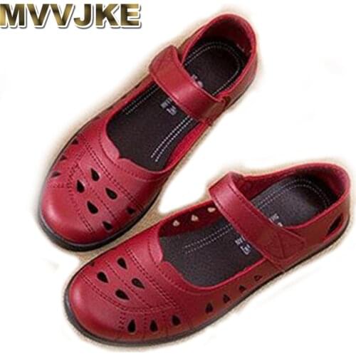 MVVJKESummer Ballet Flat Shoes Woman Hollow Leather Mary Jane Casual Shoes Ladies Genuine Loafers Shoes Woman 2020 Sapato Femini