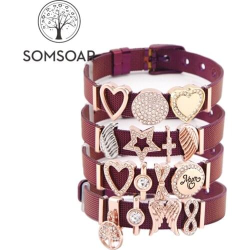 Dropshipping Somsoar Jewelry Purple Color Mesh Bracelet Stainless steel Mothers Day Slide Charm Bracelet for lovely mum