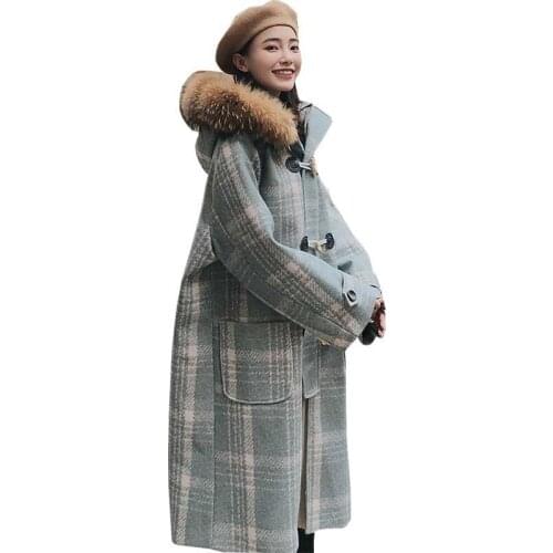 Best Selling Winter Woolen Coat Women Horn Buckle Over The Knee Long Wool Parka Plus Size Striped Large Fur Collar Overcoat L57