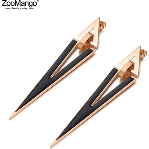 ZooMango Hiphop/Rock Stainless Steel Geometric Double Triangle Earrings Bohemia Black Glaze Earrings Jewelry For Women ZE20076