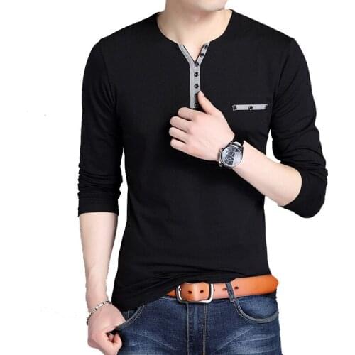 100% Cotton T Shirt Men 2020 Spring Autumn Long Sleeve Button V Neck T-Shirt Men Collar Tee Shirt Male Fashion Casual Tops Black