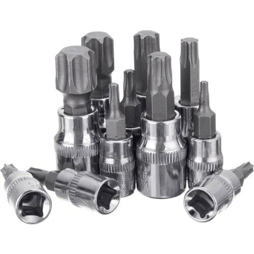 11Pcs/Set Bracket Torx Bit Socket Set With 1/4" 3/8" T10/T15/T20/T25/T27/T30/T40/T45/T50/T55 /T60Torx Screwdriver Socket Press