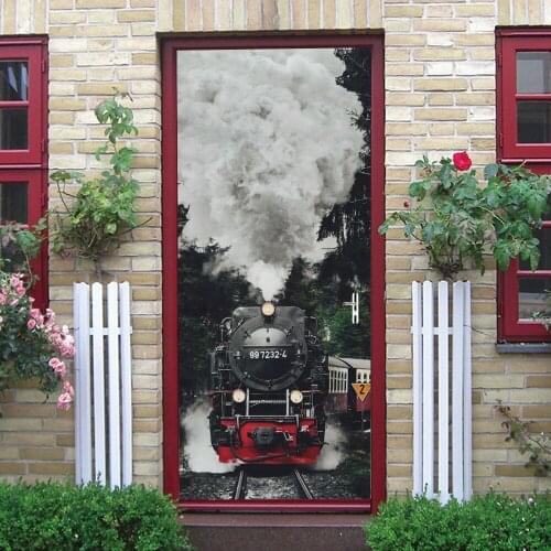 Steam Train Door Stickers Home Decoration Retro Train Bedroom Living Room Door Decals Wall Art Self-Adhesive 2-Piece Set