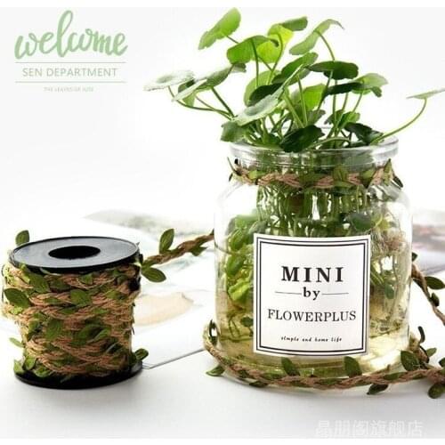 5Meters Natural Jute Twine, 5MM Leaf Ribbon with Artificial Vine Green Leaves for Home Garden DIY Craft Wedding Party Supply