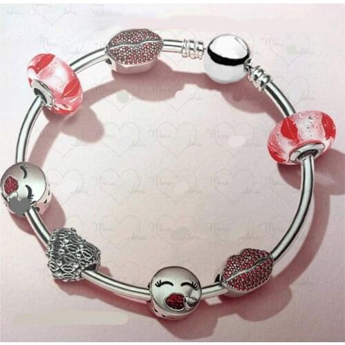 NEW 2018 Valentines Day Newest 925 Sterling Silver Bangle Red Heart shaped Charm Bead for Women Fashion Bracelet Jewelry