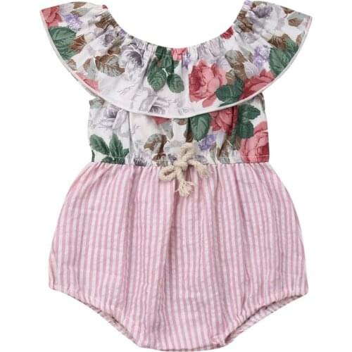 0-2T Newborn Kids Baby Girl Rompers Summer Off Shoulder Flower and Pink White Striped Stitching One Piece Jumpsuit