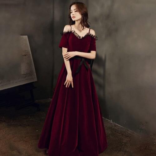 Special Occasion Dresses Vintage V-Neck Short Spaghetti Strap A-Line Luxury Burgundy Elegant Floor-Length Women Prom Gown E923