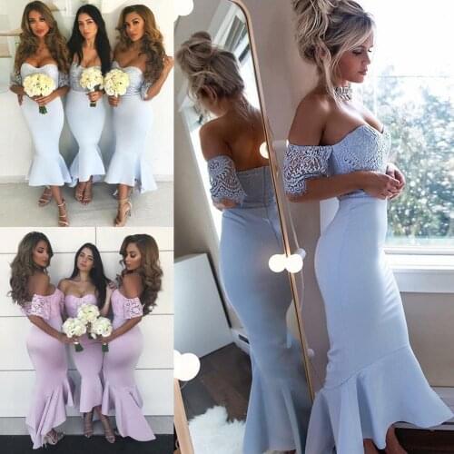 Bridesmaid Dresses 2019 Mermaid Sweetheart Short Sleeves Hi Lo Honor of Maid Gowns Lavender Sky Blue Wedding Party Dress