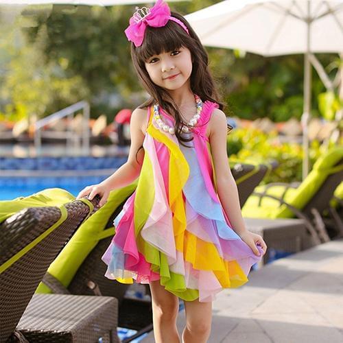 Girls Fashion Princess Sweet Rainbow Color Sleeveless Strap Drapes Beach Dress