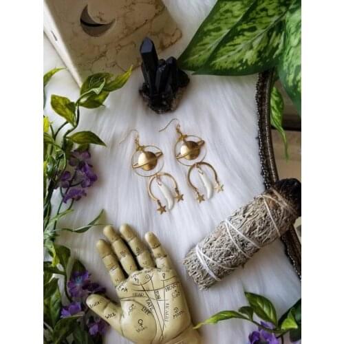 Coyote Teeth Gold Plated Celestial Planet Hoop Earrings | Fenrir Coyote Fang Star Planetary Hoop Earrings