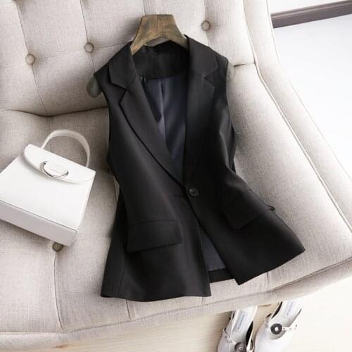 Chic Womens Short Waistcoat 2021 Spring New Korean Black Vest Sleeveless Professional Suit Jacket Single Button Blazer zh234