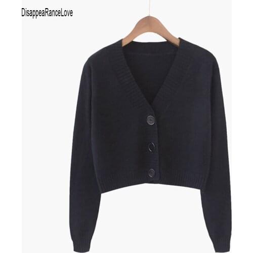 Womens Cropped Cardigan Sweaters Female Black White Short Sweater V Neck Single Breasted Sweater Woman Knitted Cardigan