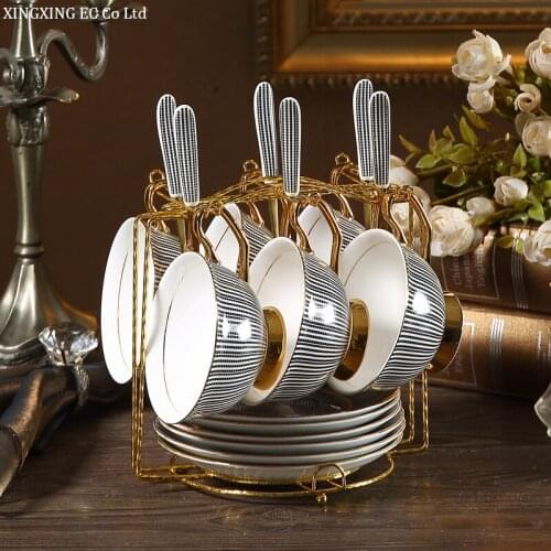 High Quality Bone China Coffee Cup Creative Silver Grey Striped Phnom Penh Tea Set Romantic Afternoon Tea Flower Tea Cup Saucer