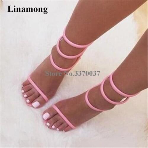 Ladies Simple Style Open Toe 4 Straps Stiletto Thin Heel Sandals Pink Green White High Heel Sandals Party Dress Shoes