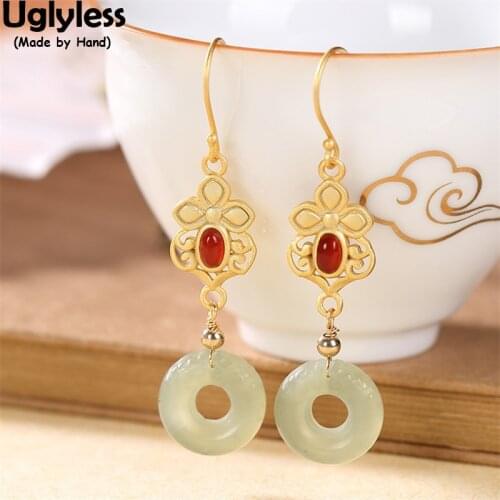 Uglyless Summer Dress Ethnic Long Dangle Earrings for Women Classic Peace Buckles Jade Earrings Gold Flowers 925 Silver Jewelry