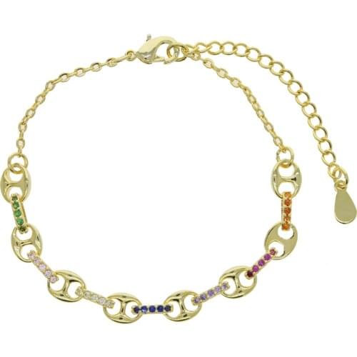 High quality gold filled Colorful round cz charm connector rainbow zircon paved for women party punk hip hop bracelets jewelry