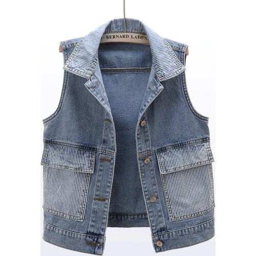 Spring Korean Denim Vest Women Casual Waistcoat Striped Big Pocket Loose Short Jeans Vests Vintage Blue Sleeveless Jacket Female