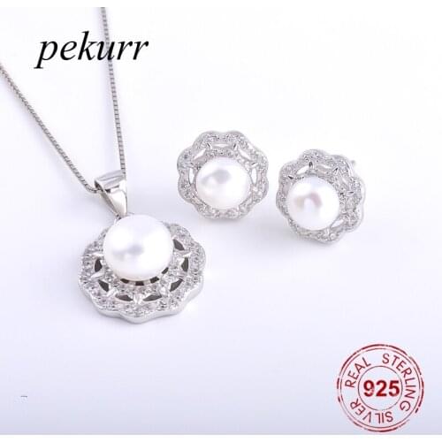 Pekurr 925 Sterling Silver Crystal Palace Flower Freshwater Natural Pearl Earrings Necklace Sets For Women Party Pendants Sets