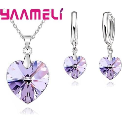 Love Heart Shape Women 925 Sterling Silver Bridal Jewelry Set For Wedding Fashion Crystal Pendants Necklaces Earring Set