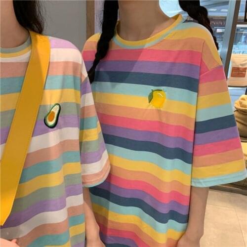 2021 Summer Kawaii Womens Short-Sleeved T-Shirt Best Friend Sisters Short-Sleeved Womens Rainbow Stripes New Harajuku Tops