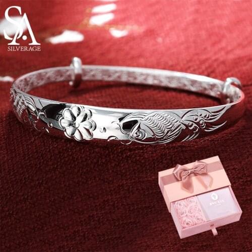 SA SILVERAGE 22g Mothers Day Pisces Flower Sterling Silver Bracelet 999 Sends Moms Elder Silver Bracelet Children Bangles Gifts