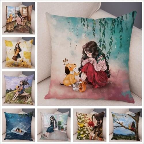 Colorful Cute Cartoon Girl and Pet Dog Fairy Tale World Pillowcase Decor for Sofa Home Pillow Case 45x45cm Plush Cushion Cover