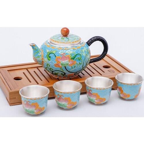 Cloisonne Silver Teaware Pure Silver Handmade Enamel Color Set Silver Teaware Pot Silver Cup