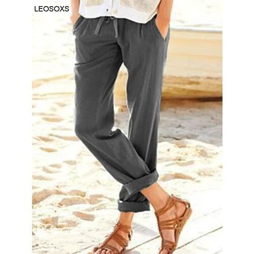 2021 Womens Solid Color Cotton And Linen Drawstring Loose Casual Elastic Waist Wide-leg Pants TAll-match Rouser Clothing