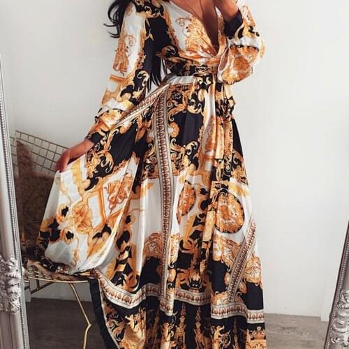Women Boho Wrap Summer Long Dress Holiday Maxi Loose Sundress Floral Print V-neck Long Sleeve Elegante Dresses Cocktail Party