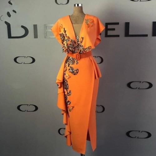 Vestido longo Chic Evening Gown robe de soiree Sequins Formal Dresses Orange Cap Sleeve Long Midi Calf Evening Dress abiye