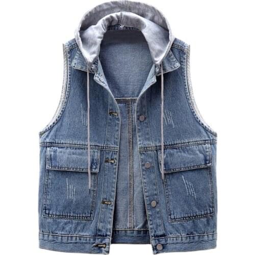 Womens Spring Autumn Sleeveless Vintage Hooded Blue Denim Vest Female Winter Plus Size loose Short Waistcoat 5XL TB331