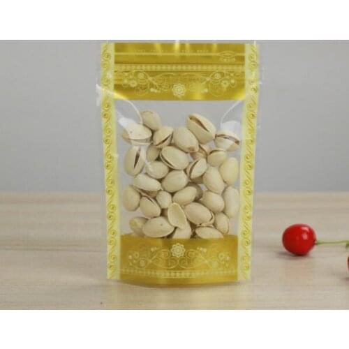 100Pcs Golden Clear Stand-up Plastic Food Bag, Snack Nuts Beans Packaging Pouch with Zip Lock